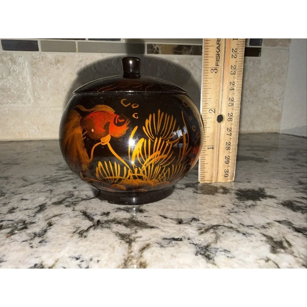 Vtg Asian lacquerware trinket box, hand-painted goldfish in gold,orange on black
